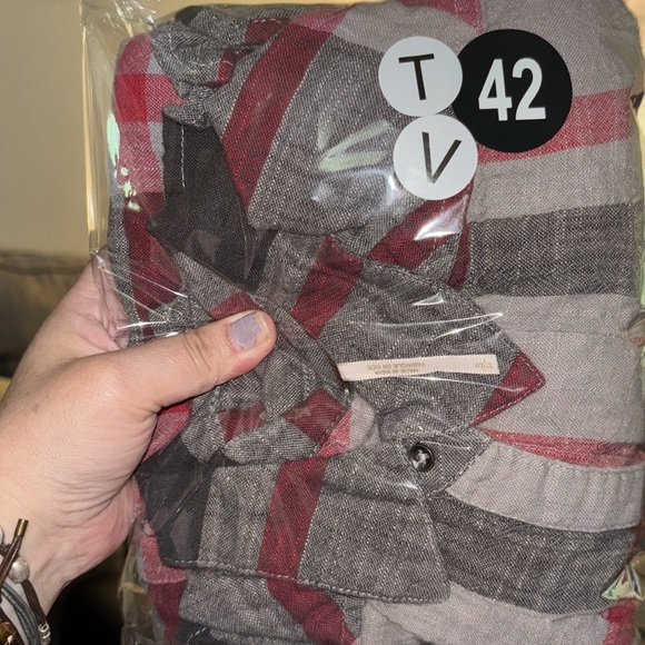 Free People Peppy In Plaid Gray Red Button Up Ruffle Back Oversized Blouse - Picture 6 of 11